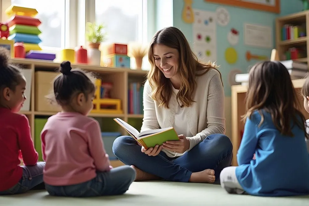 Une femme lit des histoires à des petites filles