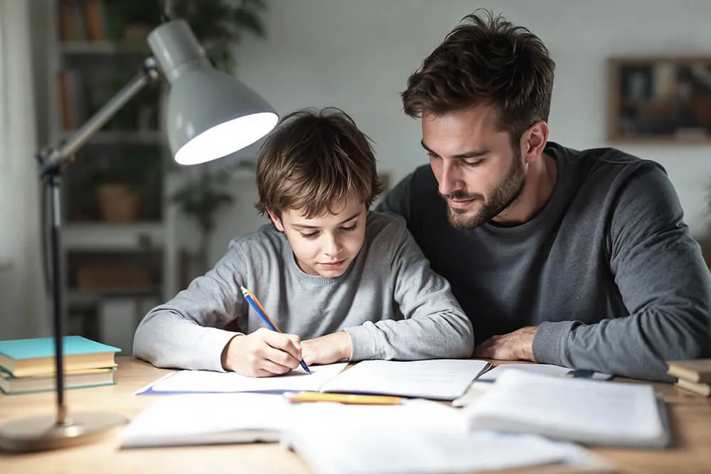 Papa qui aide son enfant pour les devoirs