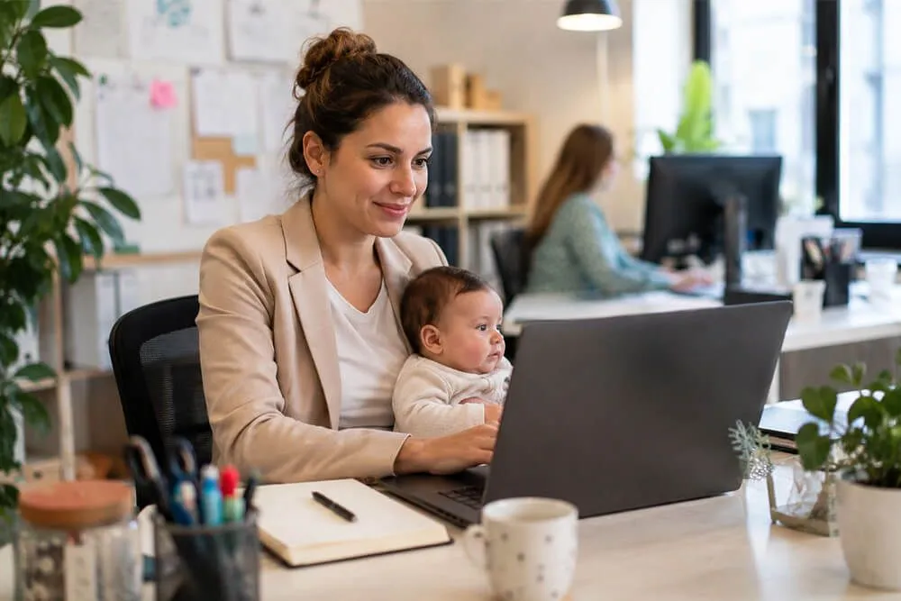 Femme au travail avec son bébé